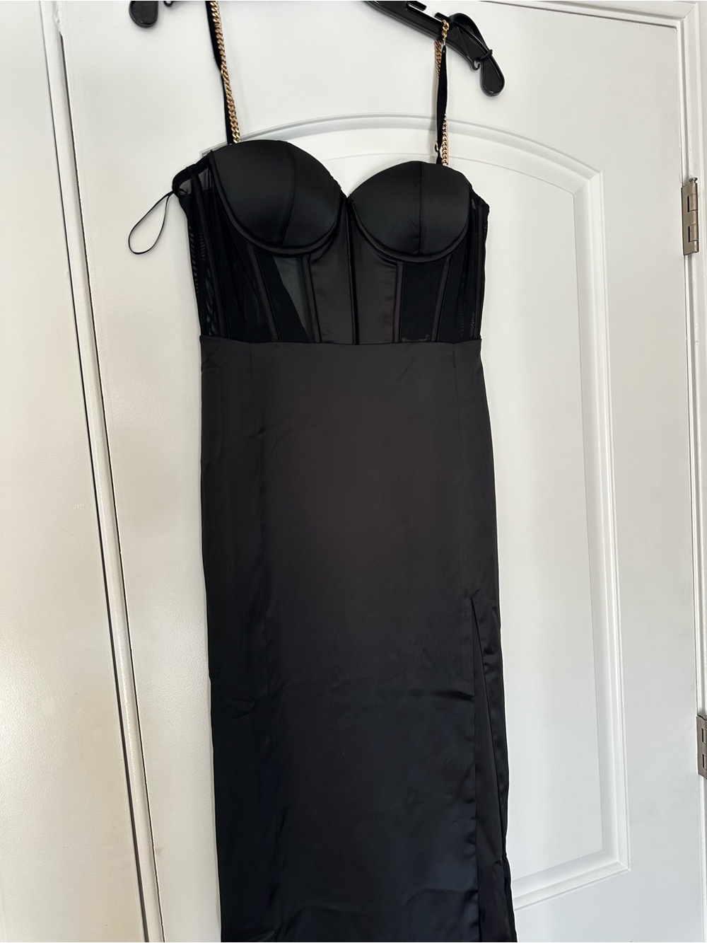 Meshki Talisa Black Satin Bustier Slip Dress w, Slit NWT